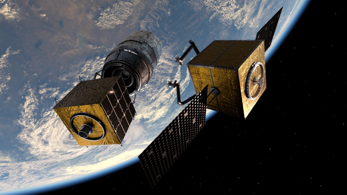 Illustration of spacecraft approaching a satellite above Earth